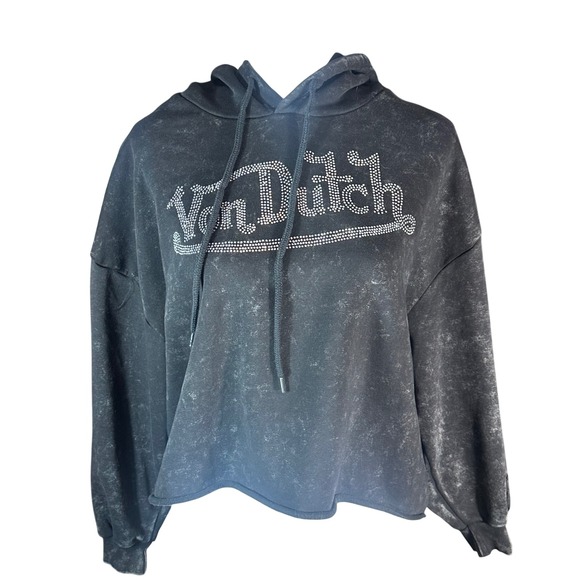 Von Dutch Tops - Von Dutch Hoodie Womens Medium Black Acid Wash Rhinestone Logo Cropped Pullover